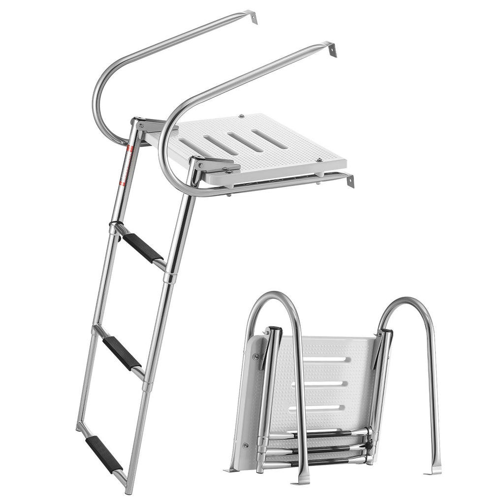 Boat Ladder, 3 Steps, Stainless Steel Telescoping Folding Swim Deck Ladder for Rear Entry Inboard, 400 lbs Capacity with Wide Anti-Slip Steps & Handrails, for Outboards, Yacht, Pontoon Boats