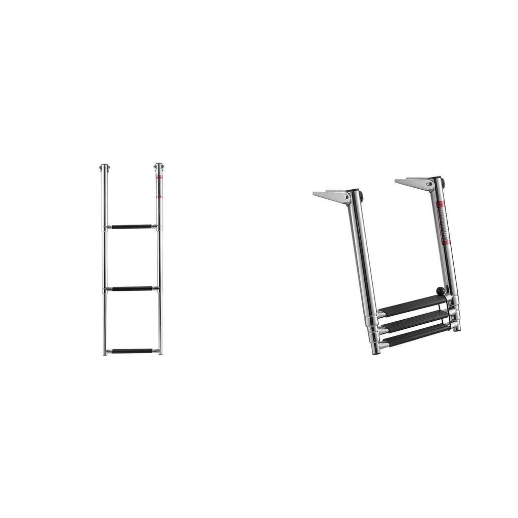 Boat Ladder, 3 Steps, Stainless Steel Telescoping Folding Swim Deck Ladder for Rear Entry Inboard, Heavy Duty 600 lbs Capacity with Wide Anti-Slip Steps, for Outboards, Yacht, Pontoon Boats