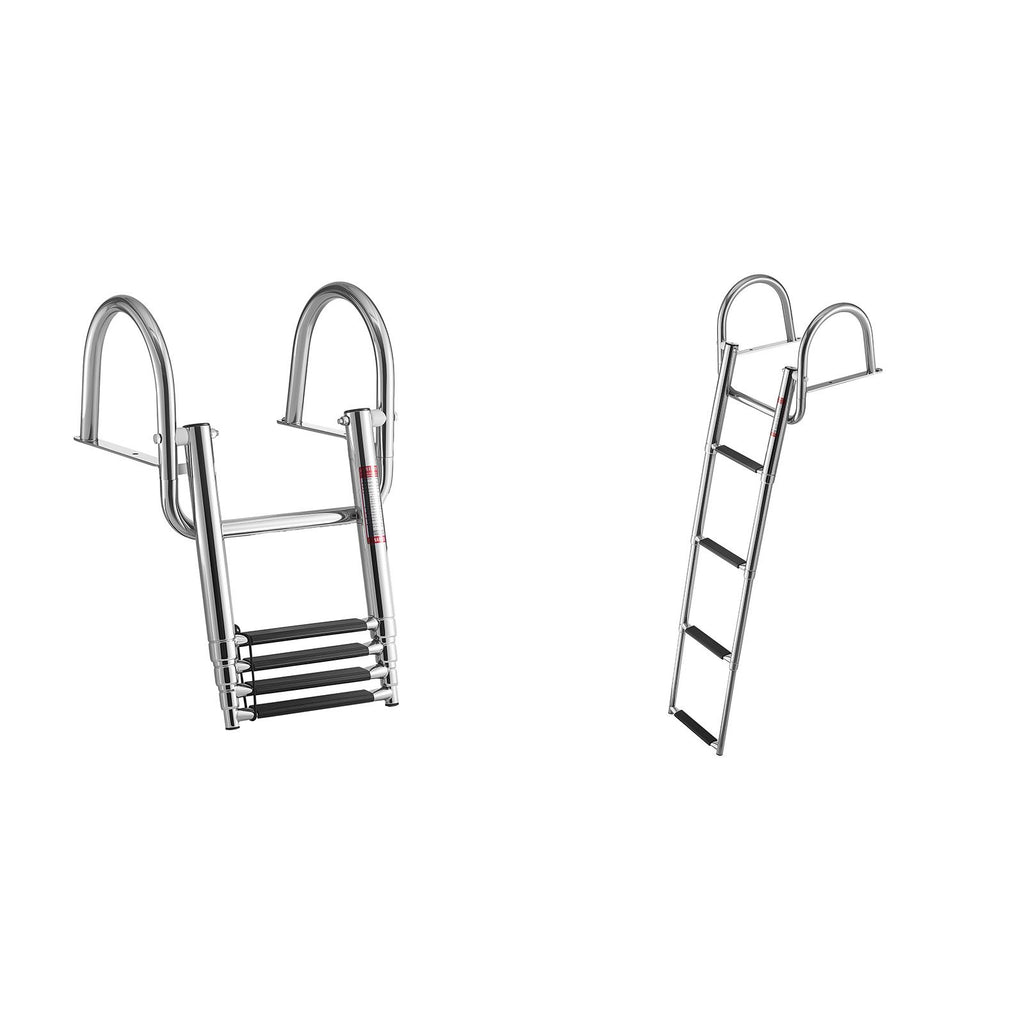 Boat Ladder, 4 Steps, Stainless Steel Telescoping Folding Swim Deck Ladder for Rear Entry Inboard, 600 lbs Capacity with Wide Anti-Slip Steps & Handrails, for Outboards, Yacht, Pontoon Boats