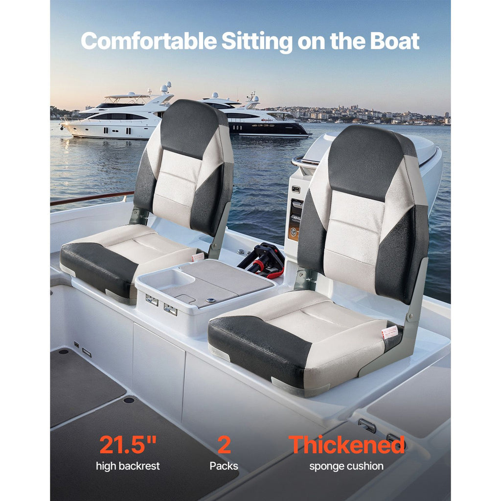 Boat Seat, High Backrest, Folding Fishing Boat Seat with Thickened Sponge Cushion & Waterproof PVC Leather, Aluminum Alloy Hinges, Flip Up Boat Seat for Boats, Yachts, Ships, Black & Grey image 2