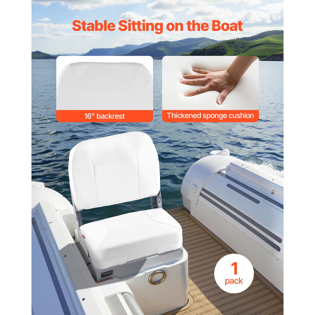 Boat Seat, Low Backrest, Folding Fishing Boat Seat with Thickened Sponge Cushion & Waterproof PVC Leather, Aluminum Alloy Hinges, Flip Up Boat Seat for Fishing Boats, Yachts, Ships, White image 2