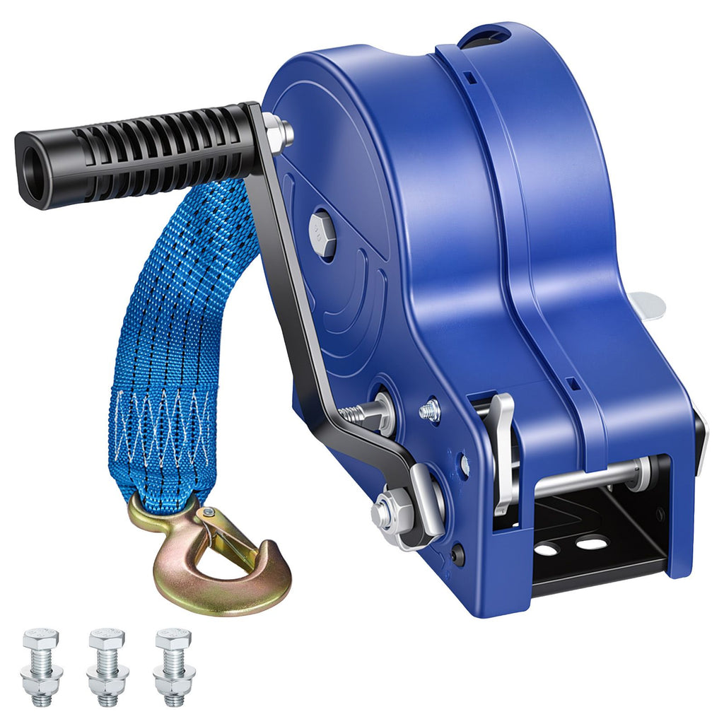 Boat Winch, 3500 lbs Hand Winch, Heavy Duty Manual Rope Crank with 20ft Gray-Black Polyester Strap, Portable Two-Way Ratchet, Anti-Slip Handle Gear for Boat Trailer ATV Towing