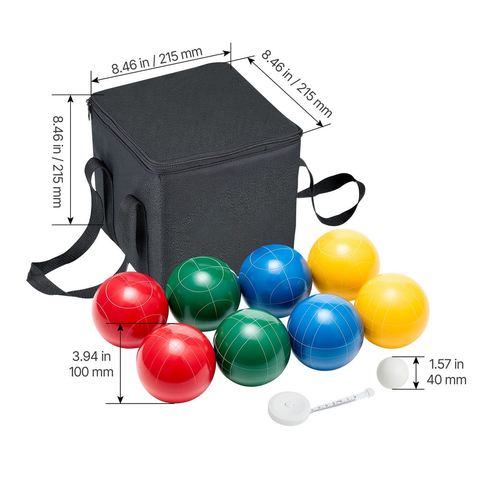 Bocce Ball Set, 100 mm, with 8 Resin Balls, Pallino, Carrying Bag and Measuring Rope, Red/Green/Blue/Yellow 4 Colors, for 2 to 8 Players, Bocce Ball Game Set for Beach, Lawn, Family Backyard