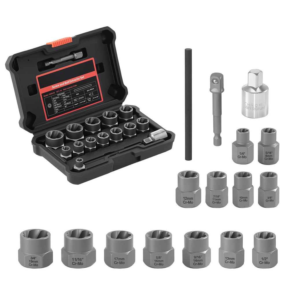 Bolt Extractor Kit, 16 Pieces Impact Bolt & Nut Remover Set with Adapters and Pin Punch, Solid Storage Case, Cr-Mo Steel for Removing Damaged, Rusted, Stripped, Rounded Bolts, Nuts and Screws