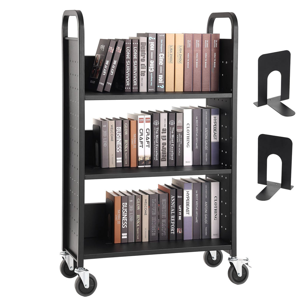 Book Cart, 330 lbs Library Cart, 31.1" x 15.2" x 49.2" Rolling Book Cart, Single Sided L-Shaped Flat Shelves with 4-Inch Lockable Wheels for Home Shelves Office and School, Book Truck in Black