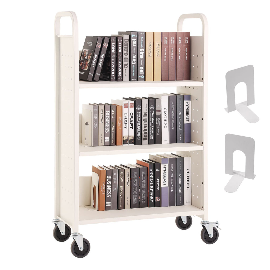 Book Cart, 330 lbs Library Cart, 31.1" x 15.2" x 49.2" Rolling Book Cart, Single Sided L-Shaped Flat Shelves with 4-Inch Lockable Wheels for Home Shelves Office and School, Book Truck in White