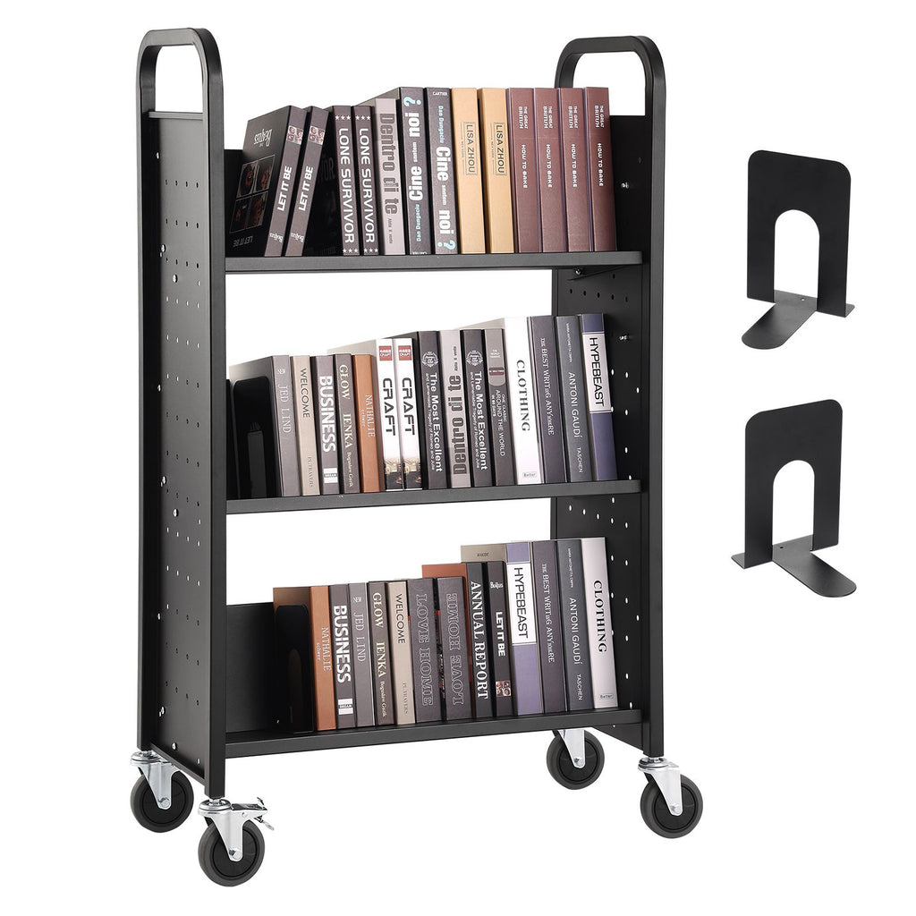 Book Cart, 330 lbs Library Cart, 31.1" x 15.2" x 49.2" Rolling Book Cart, Single Sided V-Shaped Sloped Shelves with 4-Inch Lockable Wheels for Home Shelves Office and School, Book Truck in Black