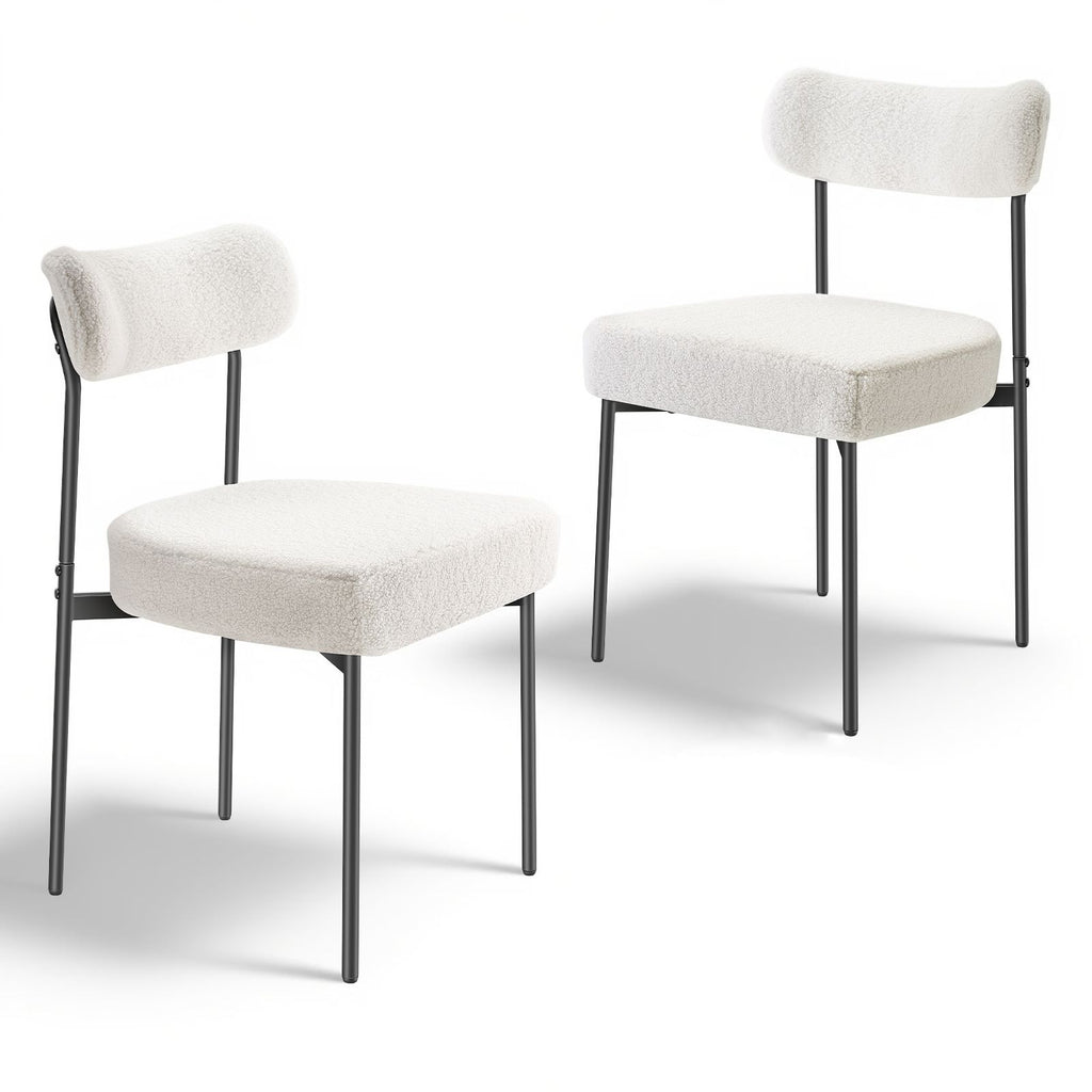 Boucle Dining Chairs Set of 2, Mid Century Modern Sherpa Accent Chairs, Upholstered Side Chair for Dining Table, Space-Saving White Kitchen Table Chair with Curved Backrest and Black Metal Legs