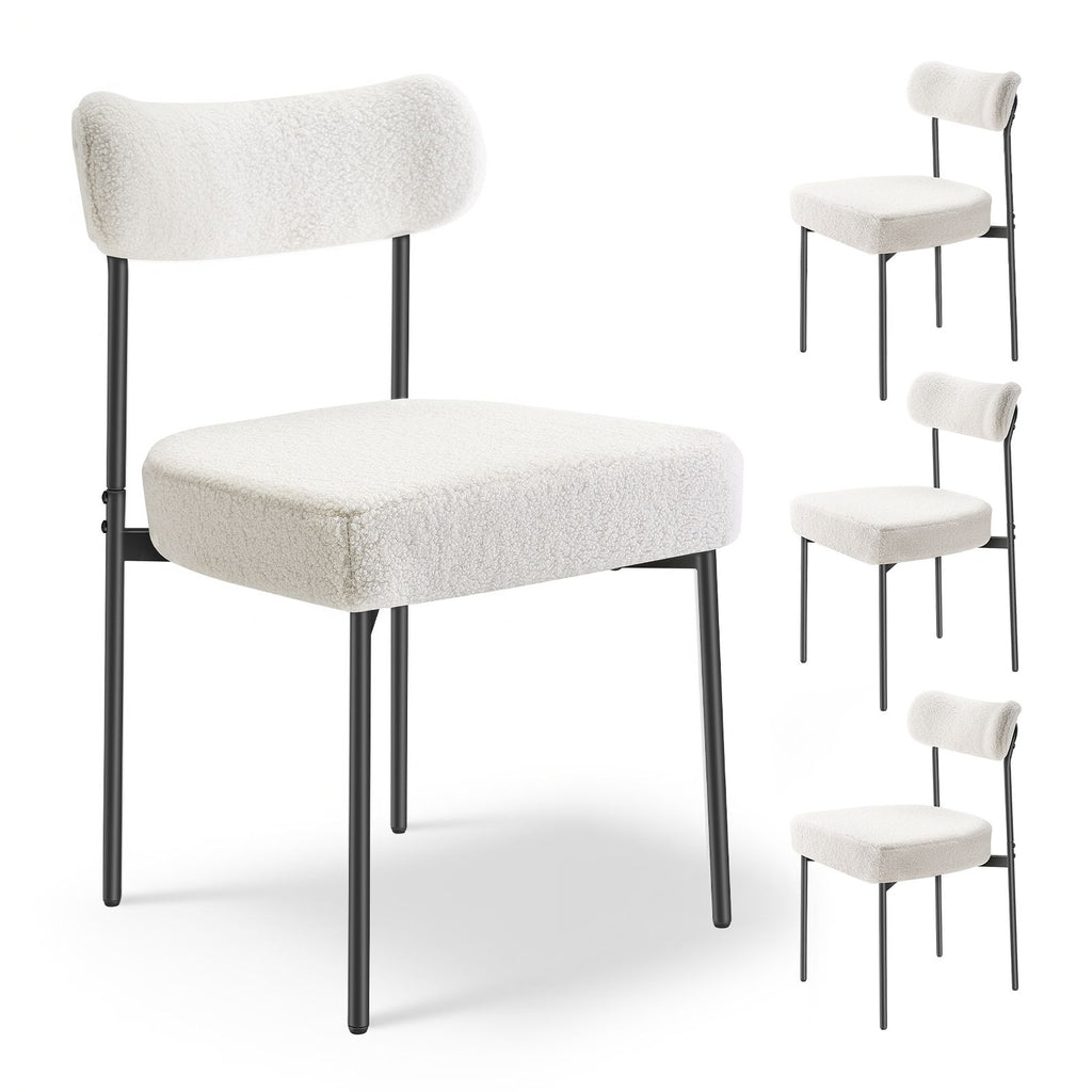 Boucle Dining Chairs Set of 4, Mid Century Modern Sherpa Accent Chairs, Upholstered Side Chair for Dining Table, Space-Saving White Kitchen Table Chair with Curved Backrest and Black Metal Legs image 2