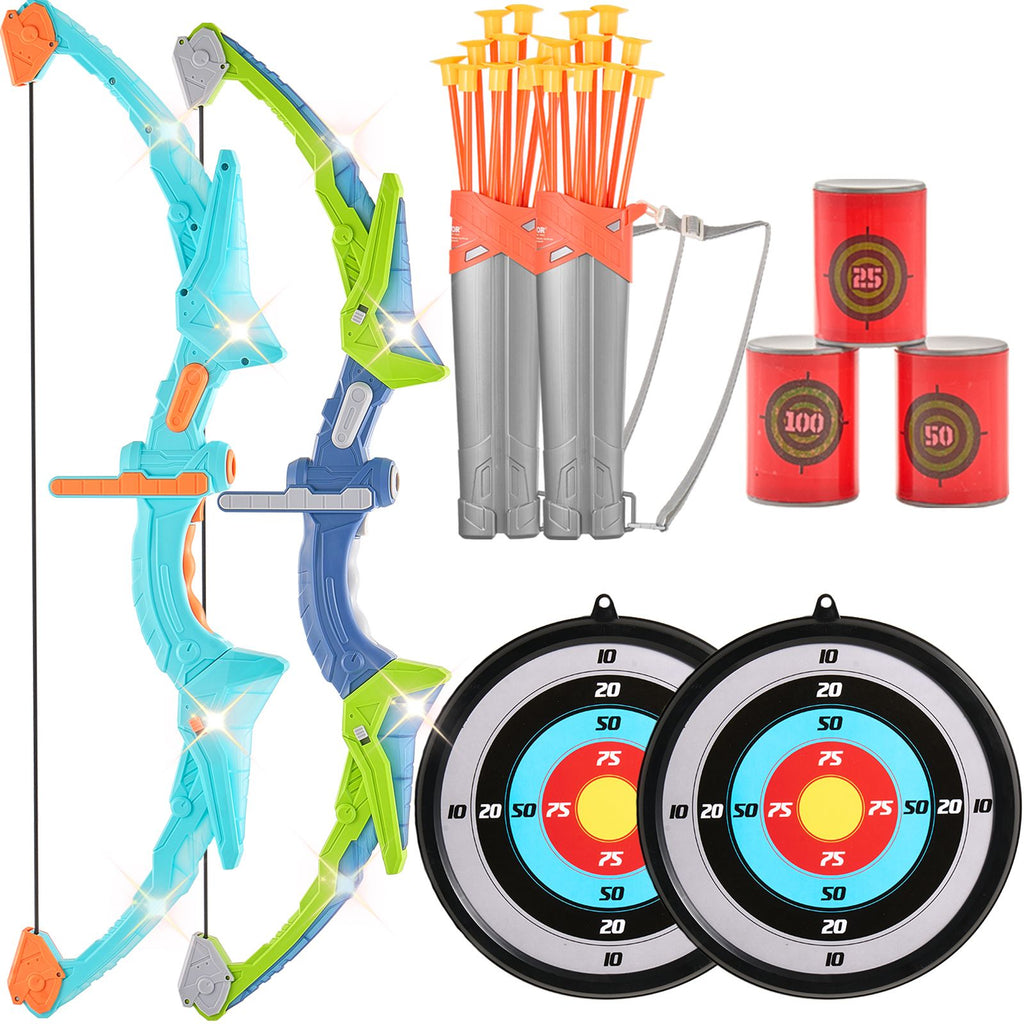 Bow and Arrow Set for Kids, 2 Pack LED Light Up Archery Set with 20 Suction Cup Arrows, 2 Hanging Targets, 2 Quivers, 3 Target Cans, Outdoor Toy Birthday Gift for Boy & Girl 6 7 8 9 10+ Year Old