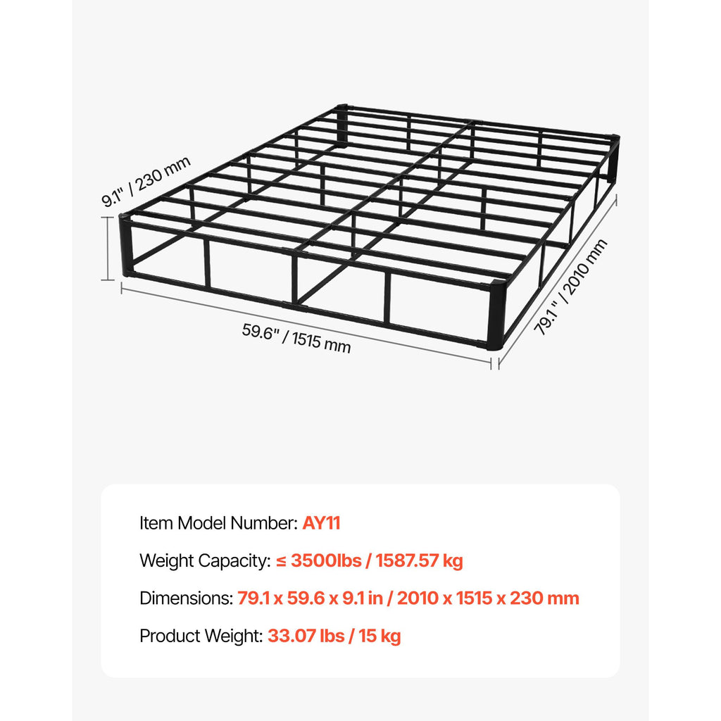 Box Spring, Queen Size Bed Frame with Washable Fabric Cloth, Heavy Duty Metal Frame for Queen Bed, 9.1 in Mattress Foundation, 3500 lbs Max Weight Capacity, Easy Assembly, 79.1 x 59.6 x 9.1 in