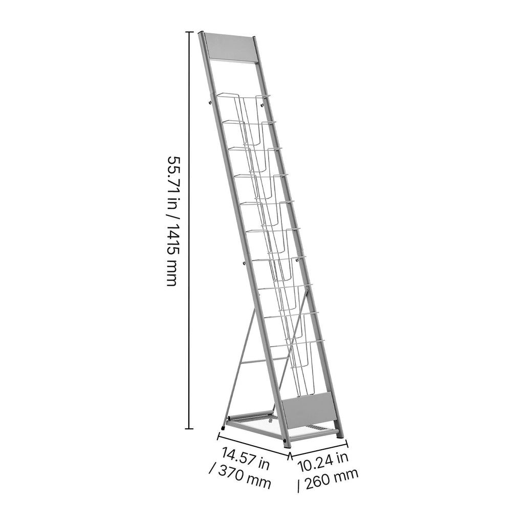 Brochure Display Rack, 10 Pockets Magazine Literature Display Stand, Portable Floor Standing Magazine Rack, Metal Newspaper Catalog Holders for Shop, Exhibitions, Office, Trade Show, Silver