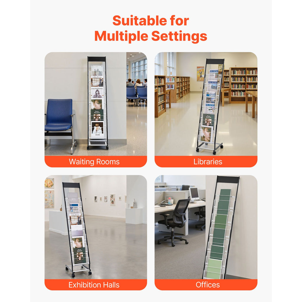 Brochure Display Rack, Narrow 6-Tier Magazine Literature Display Stand with Wheels, Metal Floor Standing Magazine Rack, Movable Newspaper Catalog Holders for Shop Exhibitions Office (6 Pockets)