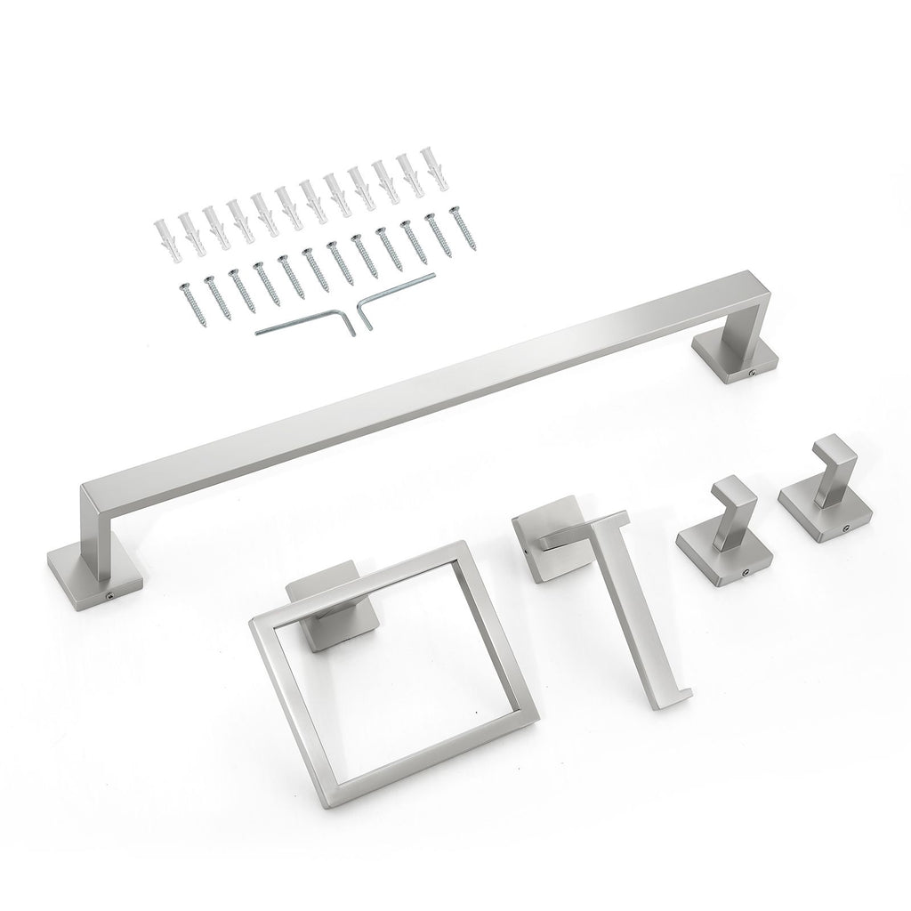 Brushed Nickel Bathroom Hardware Set, 5 Pieces Bathroom Accessories Set, Stainless Steel 24 inch Towel Bar, Towel Rack, 2 Robe Towel Hooks, Toilet Paper Holder for Bath Room, Wall Mounted