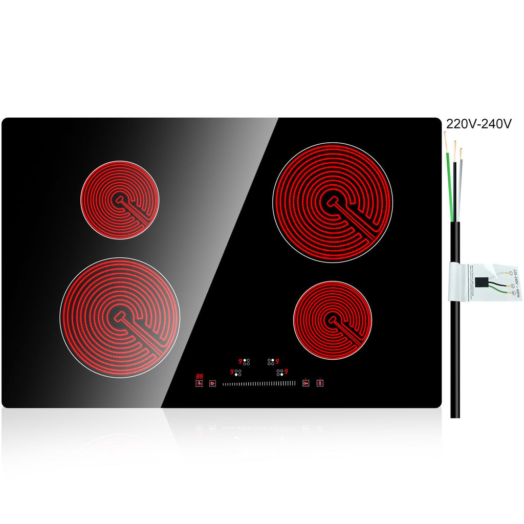 Built in Electric Stove Top, 23.2 x 20.5 inch 4 Burners, 240V Glass Radiant Cooktop with Sensor Touch Control, Timer & Child Lock Included, 9 Power Levels for Simmer Steam Slow Cook Fry