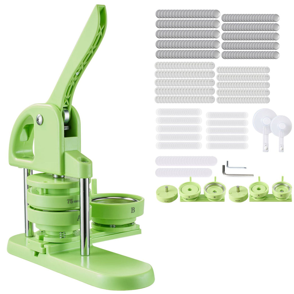 Button Maker Machine, 1.26/2.28 inch 2-in-1, Plastic Pin Maker with 200 pcs Button Parts, Circle Cutter and Magic Book, Reinforced Ergonomic Handle, for DIY Badges, Personalized Pins, Green