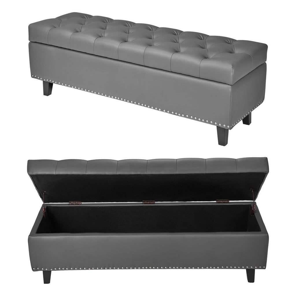 Button-Tufted Storage Ottoman Bench, PU Leather Bench with Storage and Solid Wood Legs, Modern Shoe Benches Seat for Entryway, Upholstered End of Bed Benches for Living Room, Dining Room, Gray