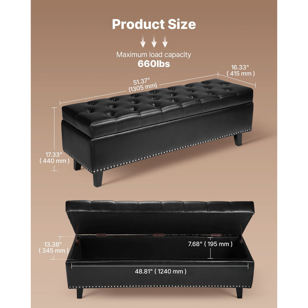 Button-Tufted Storage Ottoman Bench, PU Leather Bench with Storage and Solid Wood Legs, Modern Shoe Benches Seat for Entryway, Upholstered End of Bed Benches for Living Room, Dining Room, Black image 2