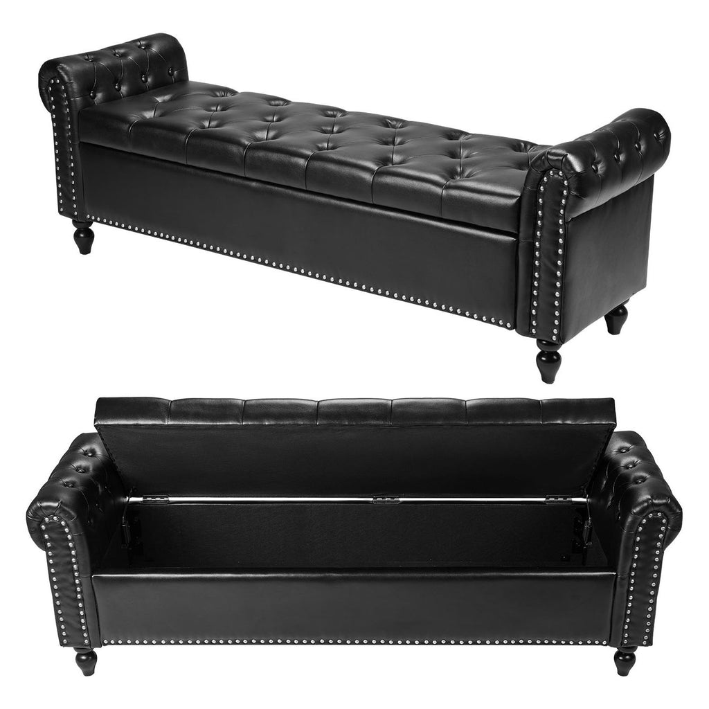 Button-Tufted Storage Ottoman Bench, Rolled Arm PU Leather Bench with Solid Wood Legs, Modern Shoe Benches Seat for Entryway, Upholstered End of Bed Benches for Living Room, Dining Room, Black
