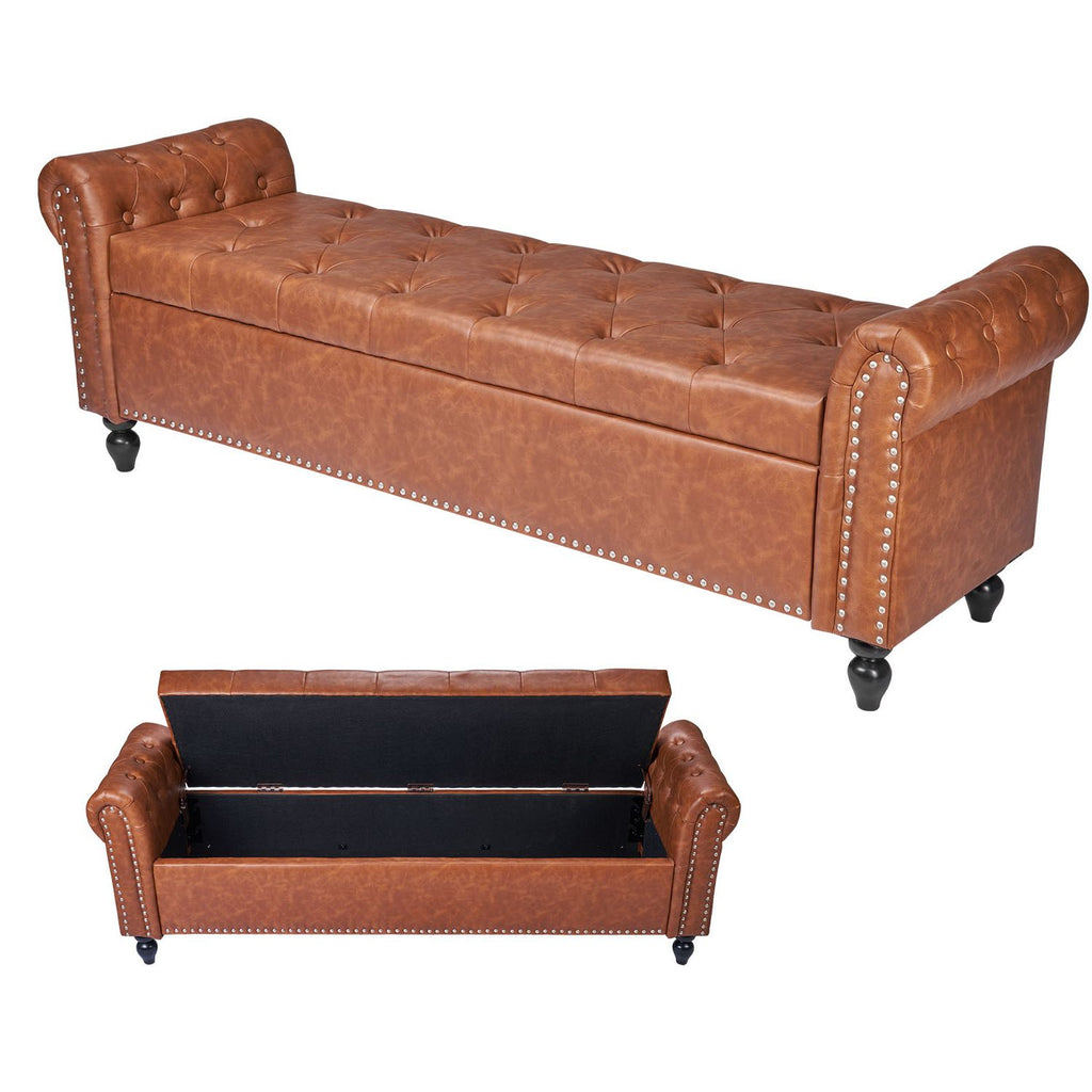 Button-Tufted Storage Ottoman Bench, Rolled Arm PU Leather Bench with Solid Wood Legs, Modern Shoe Benches Seat for Entryway, Upholstered End of Bed Benches for Living Room, Dining Room, Brown