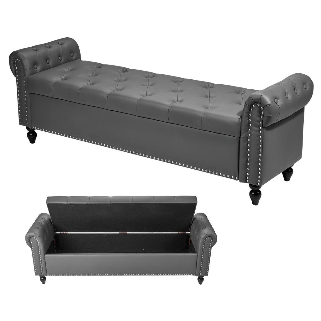 Button-Tufted Storage Ottoman Bench, Rolled Arm PU Leather Bench with Solid Wood Legs, Modern Shoe Benches Seat for Entryway, Upholstered End of Bed Benches for Living Room, Dining Room, Gray