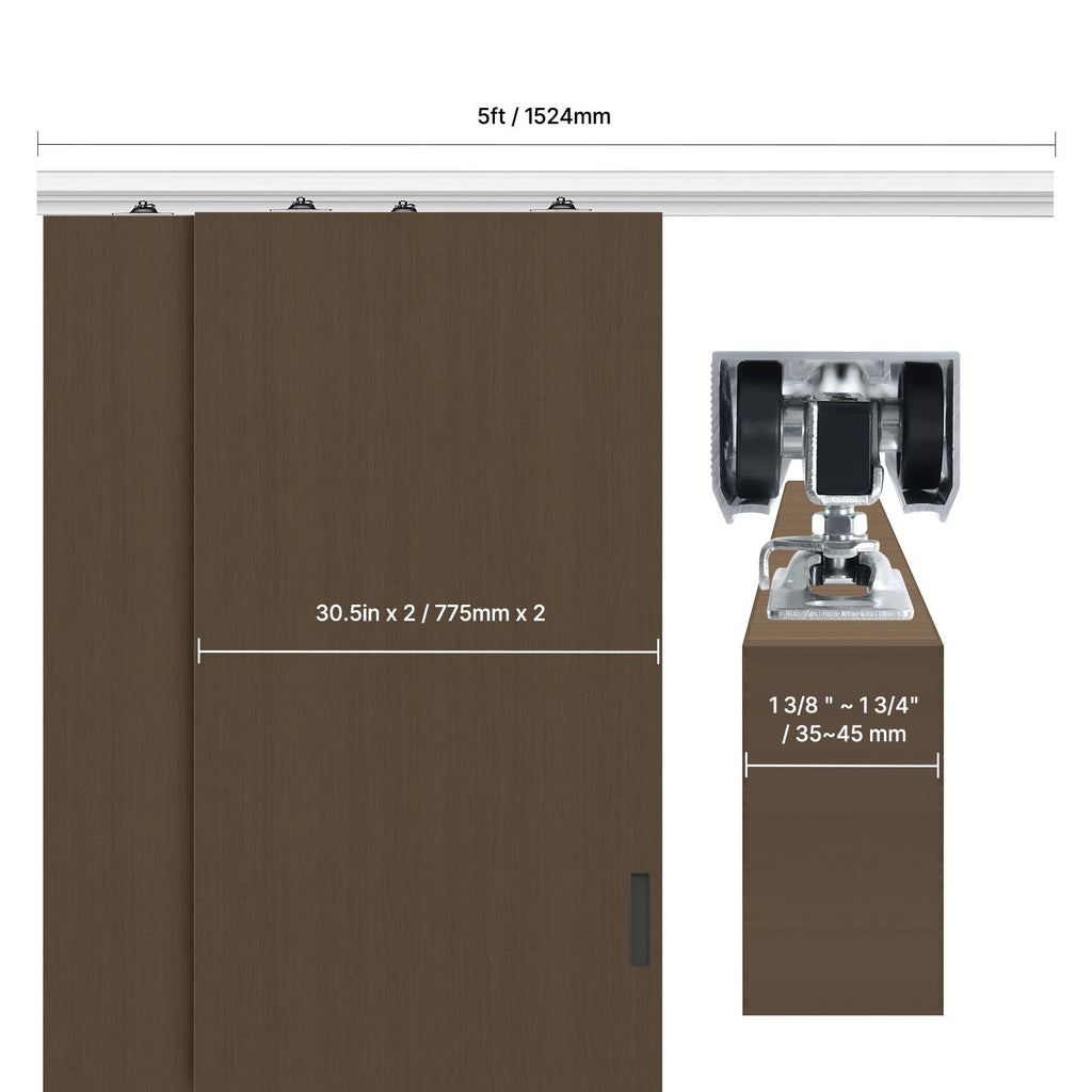 Bypass Door Hardware, 5ft Heavy Duty Bypass Sliding Door Hardware Kit, Aluminum Alloy Sliding Closet Door Hardware Set for 2 Door System, Fit Door Thickness 1 3/8 " - 1 3/4", Easy to Install
