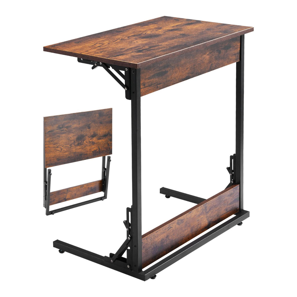 C Table, Folding C Shaped End Table with Metal Frame & Adjustable Feet, Foldable C Shaped Side Table for Living Room Bedroom Office, 23.62 x 14.57 x 27.56 inch C Shaped TV Tray, Brown and Black