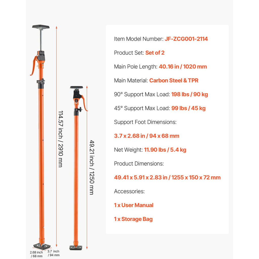 Cabinet Jack Support Pole, 2-Pack, 49.2-114.6 Inch Steel Telescopic Quick Support Rod, Adjustable 3rd Hand System up to 198 lbs Capacity for Installing Cabinets, Lifting Drywall, Cargo Bars