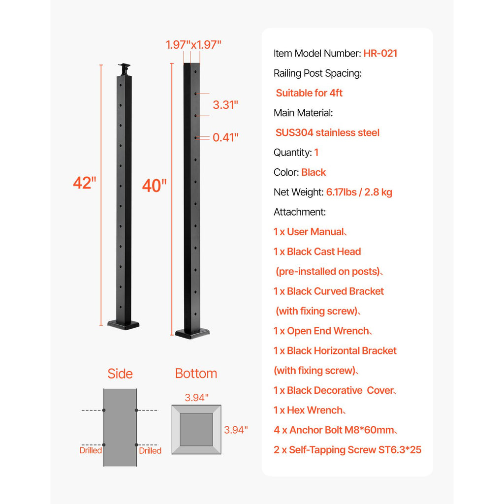 Cable Railing Post, 42x2x2 Inch Level Deck Stair Posts, 1-Pack Stainless Steel Cable Handrail Post, Pre-Drilled Pickets with Mounting Bracket Stair Railing Kit, Black, 1JZLGZXHS106AWJO6001V0
