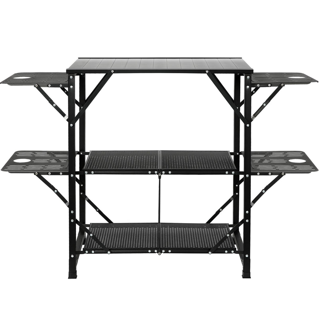 Camping Kitchen Table, One-piece Folding Portable Cook Station with A Carrying Bag, Aluminum Camping Table 4 Iron Side Tables & 2 Shelves, Ideal for Outdoor Picnics, BBQs, Camping, RV Traveling