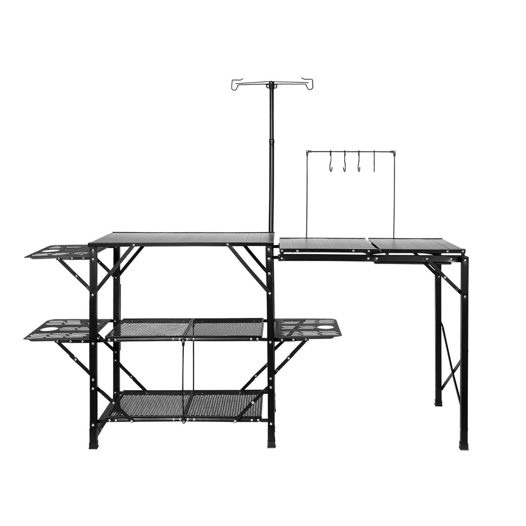 Camping Kitchen Table, One-piece Folding Portable Cook Station with A Carrying Bag, Long Aluminum Camping Table 3 Side Tables, 2 Shelves & A Detachable Sink for Outdoor Picnics, BBQs, Camping