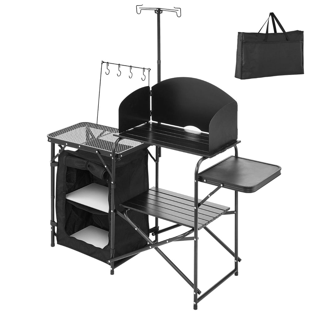 Camping Kitchen Table, Outdoor Camp Cooking Table, Aluminum Portable Cook Station with Storage Cupboard, Carrying Bag, Detachable Windscreen, Quick Set-up for BBQ Party Picnic RV Travel, Black