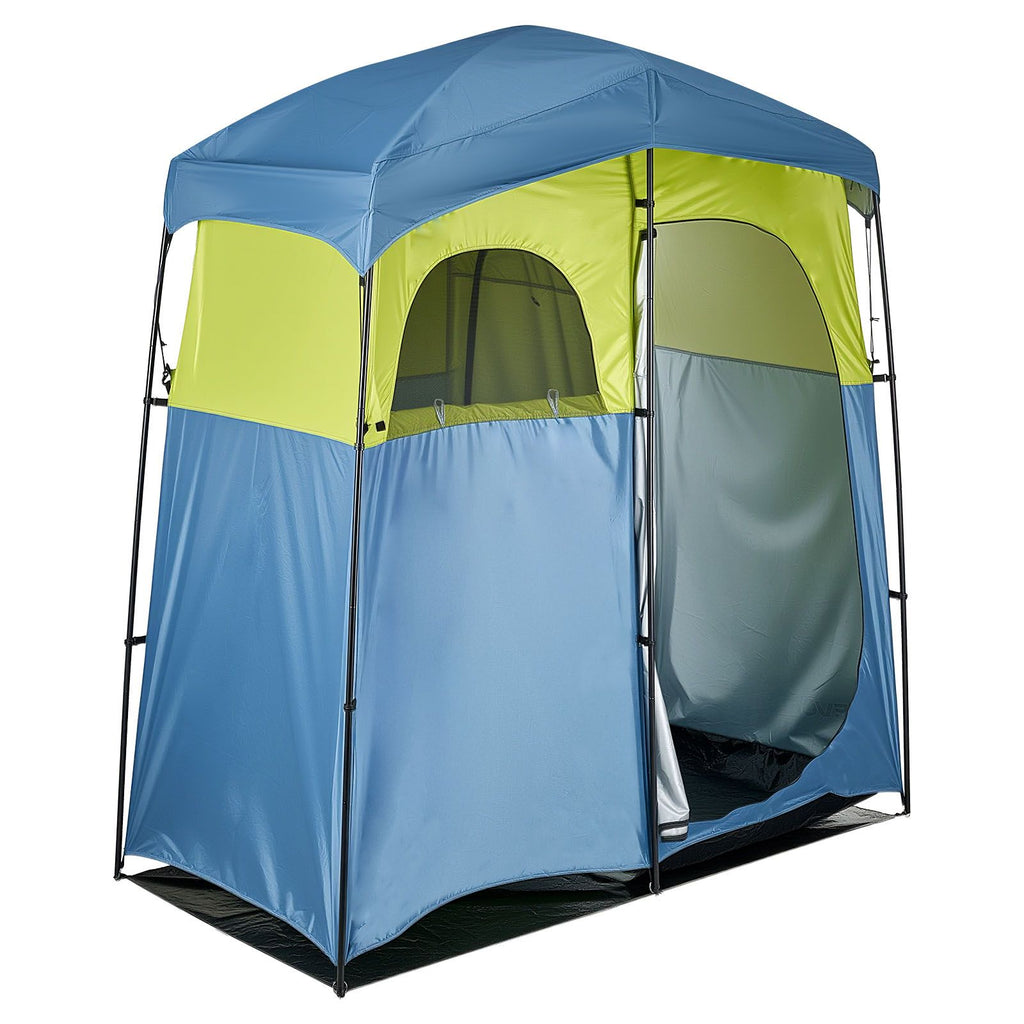 Camping Shower Tent, 2-Room Portable Privacy Tent Changing Room with Shower Bag, Ground Stakes, Ropes, Carry Bag, and Support Poles, 150D Oxford Fabric with Silver Coating, for Camping, Fishing