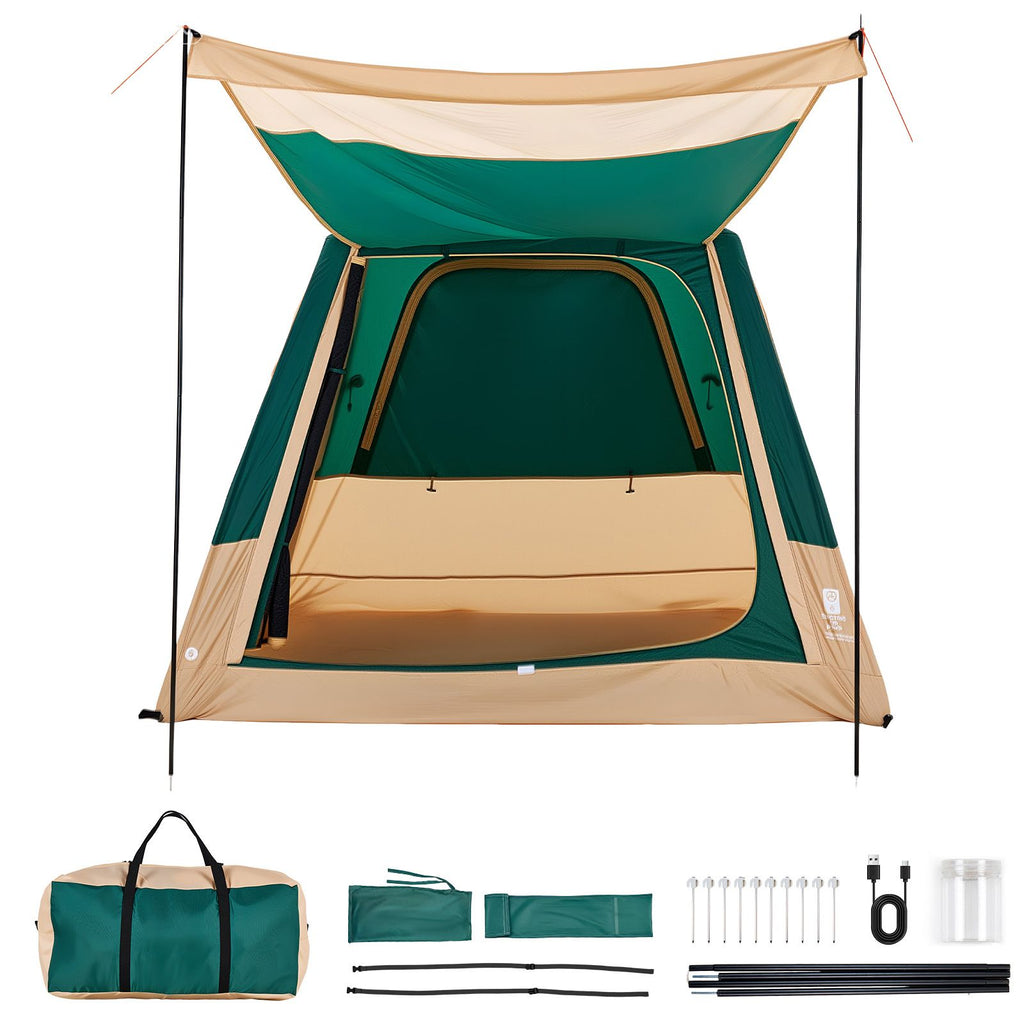 Camping Tent, 4 Person Inflatable Cabin Tent with Rechargeable Pump, TPU Air Tube & 5 Large Mesh Windows, Portable Easy Setup Waterproof with Carry Bag for Family Outdoor Camping & Hiking, Green
