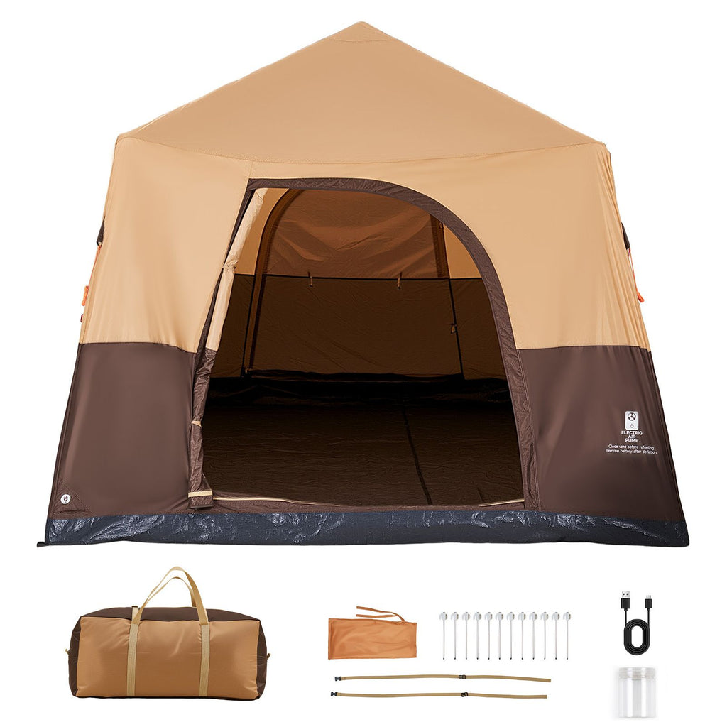 Camping Tent, 8 Person Inflatable Cabin Tent with Rechargeable Pump, TPU Air Tube & 4 Large Mesh Windows, Portable Easy Setup Waterproof with Carry Bag for Family Outdoor Camping & Hiking, Beige