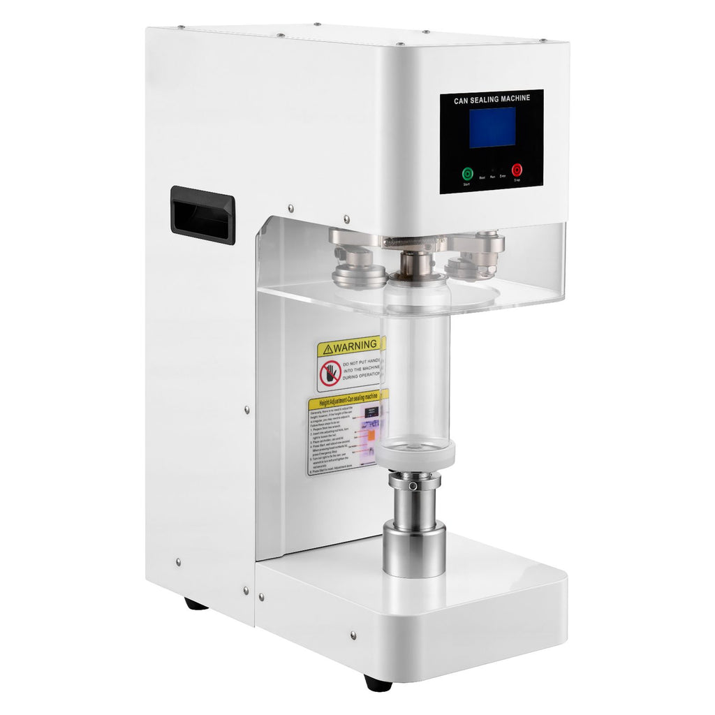Can Sealer Machine, Automatic Commercial Soda Can Sealing Machine for 2.17 in (55 mm) Aluminum and Plastic Cans, Height Adjustable, Steel Housing Beverage Drink Seamer, for Coffee Shop, White