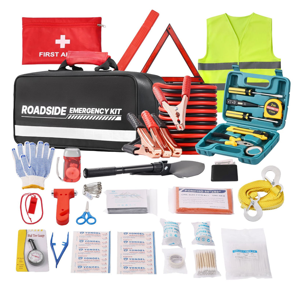 Car Emergency Kit, 2-in-1 First Aid Kit with Jumper Cables, Essential Roadside Emergency Car Kits for Vehicle, Travel and Home, 31-Piece Auto Road Side Assistance Tools with Medical Aid Kits