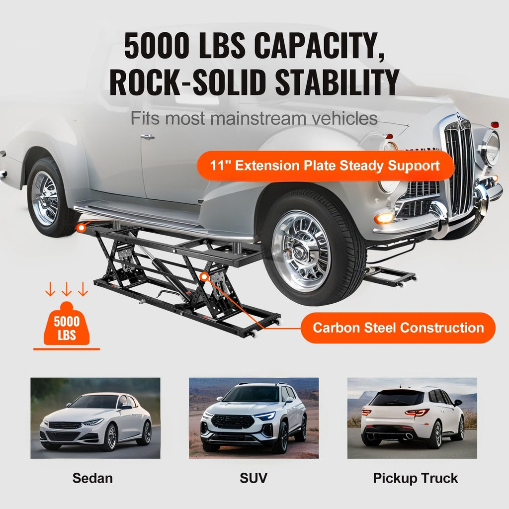 Car Lift, 25.6" Max. Height, 5,000 LBS Capacity Portable Car Lift, with Extended-Length Plates, Heavy-duty Carbon Steel Truck Lift with 120V Power Unit, Auto Car Jack Lifts for Home Garage Shop