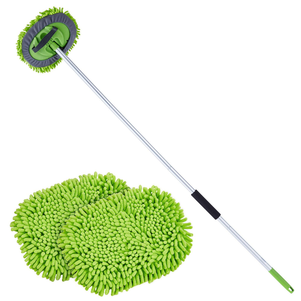 Car Wash Brush, 62-Inch Extendable Car Washing Brush with Long Handle, Soft Chenille Fiber Car Wash Mop Mitt, 180° Rotatable Car Cleaning Brush with 1 Replacement Mop for Car, RV, Window, Floor