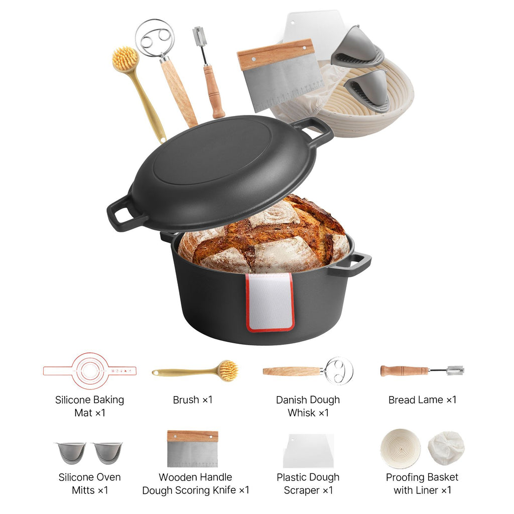 Cast Iron Dutch Oven, 2-in-1 Pre-Seasoned Pot with Skillet Lid, 5QT Cookware Pan with Proofing Basket, Bread Baking Accessories, Bread-Oven Compatible 500Fahrenheit
