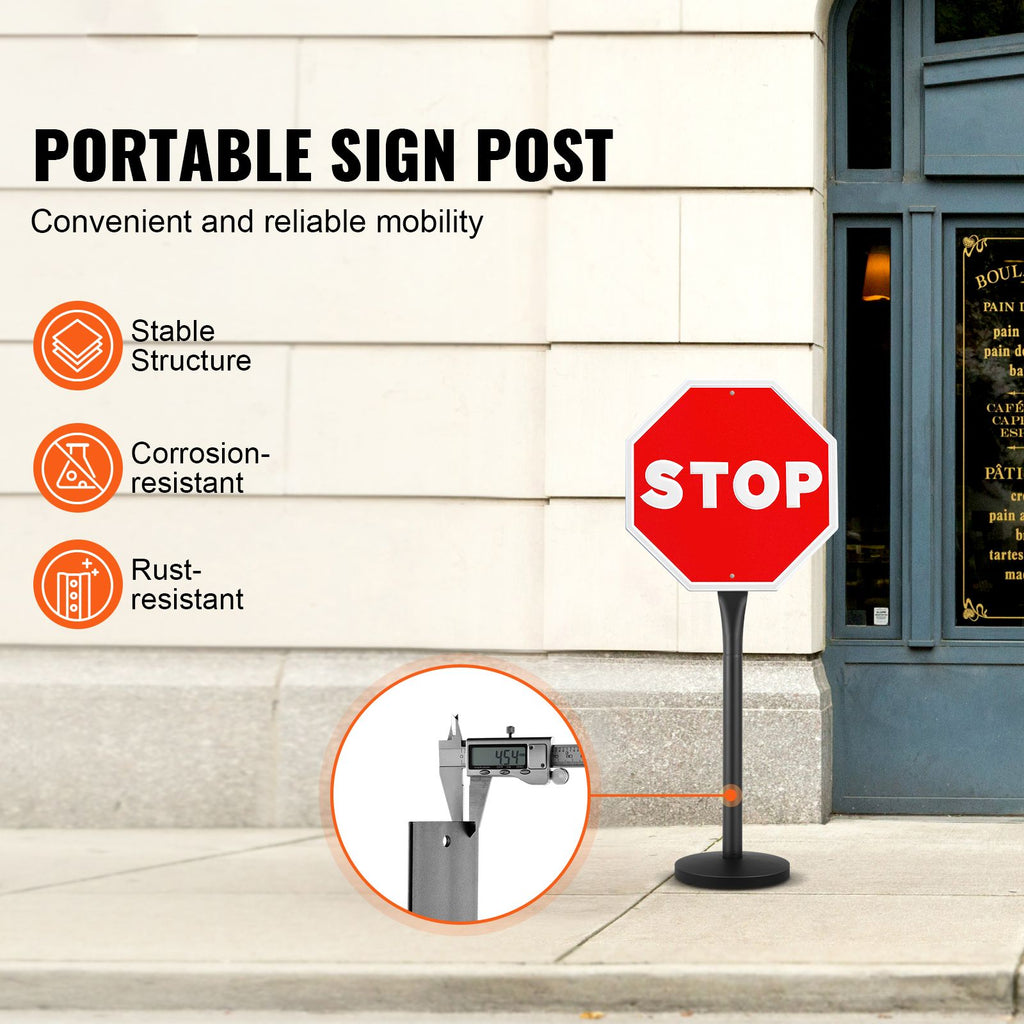 Cast Iron Sign Post, 4 ft Portable Heavy Duty Steel Post Sign Holder with Hard Plastic Base & Wheels, U-Channel Sign Stand for Garden, Courtyard, Farm or Traffic Intersection, Black image 2