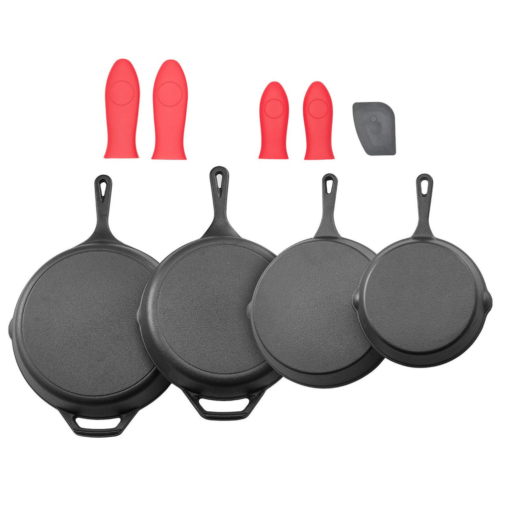 Cast Iron Skillet, 4-Piece Frying Pan Set (6, 8, 10, 12 in), Skillets with Heat-Resistant Silicone Handle, Pre-Seasoned Chef's Pan, Kitchen Cookware, for Oven, Gas, Electrical, Induction, Black