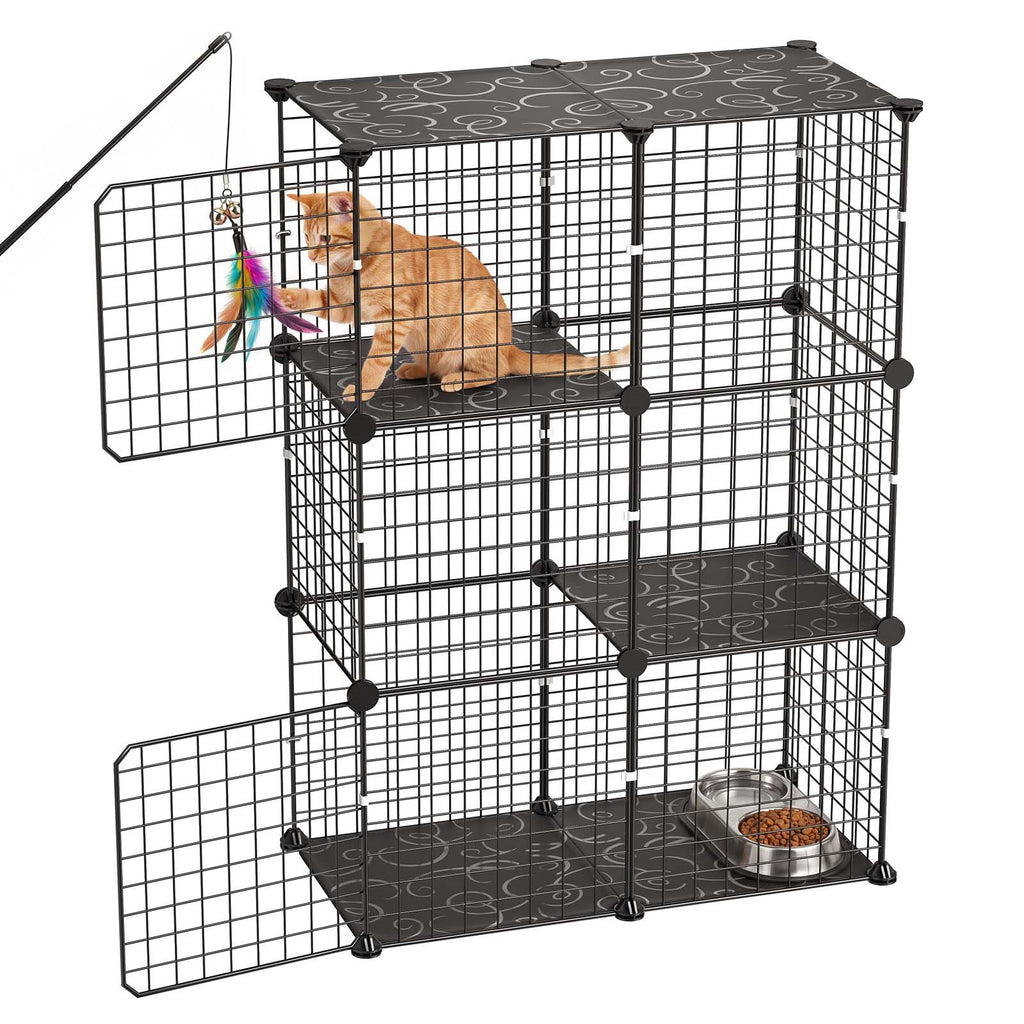 Cat Cage 3-Tier 28"x13.98"x40.98" DIY Cat Playpen Indoor Enclosure, Detachable Metal Wire Kennel Crate, Large Exercise Place Ideal for 1-2 Cats, Kittens, Rabbits, Ferrets & Small Animals, Black