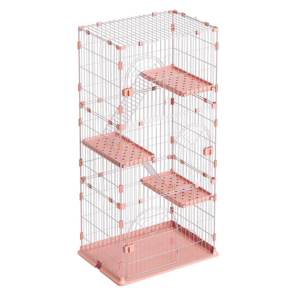 Cat Cage 4-Tier 33.07"x23.82"x64.37" DIY Cat Playpen with Ladders, Indoor Enclosure Detachable Metal Wire Kennel Crate, Large Exercise Place for 1-2 Cats, Kittens, Ferrets, Small Animals, Pink