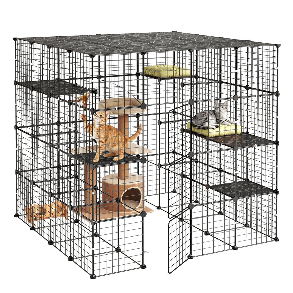 Cat Cage 4-Tier 55"x55"x55" Large DIY Cat Playpen Indoor Enclosure, Detachable Metal Wire Kennel Crate with 3 Doors & Locks, Exercise Place Ideal for 2-3 Cats, Kittens and Small Animals, Black