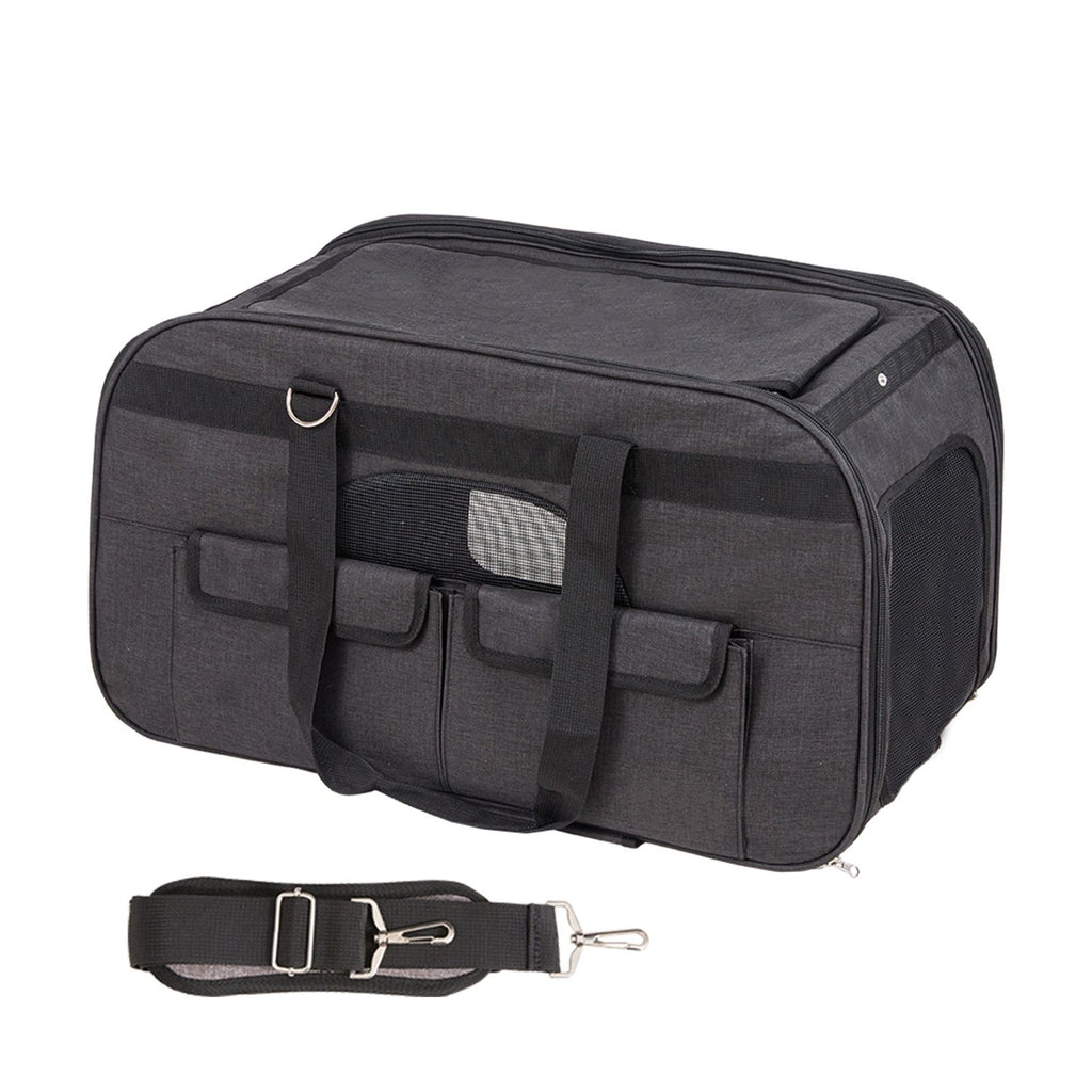 Cat Carrier with Wheels, Rolling Pet Carrier with Telescopic Handle and Shoulder Strap, Dog Carrier with Wheels for Pets under 35 lbs, with 1 Folding Bowl, Black