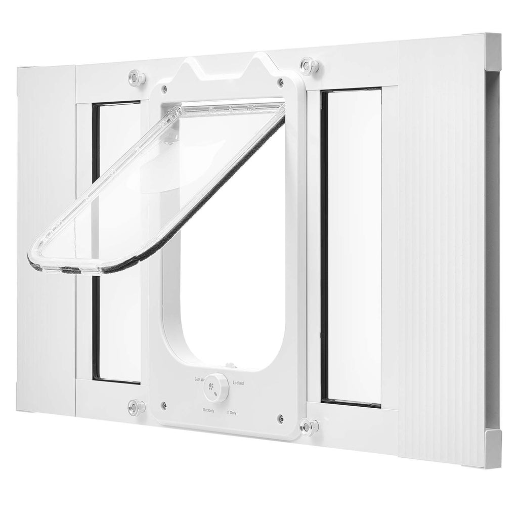 Cat Door for Window, Adjustable to Fit Window Width 23"-28", 4 Secure Lock Modes, Aluminum Frame and High-Transparency Glass, Magnetic Closure, Weatherproof Quick-Fit Pet Door for Cats, White
