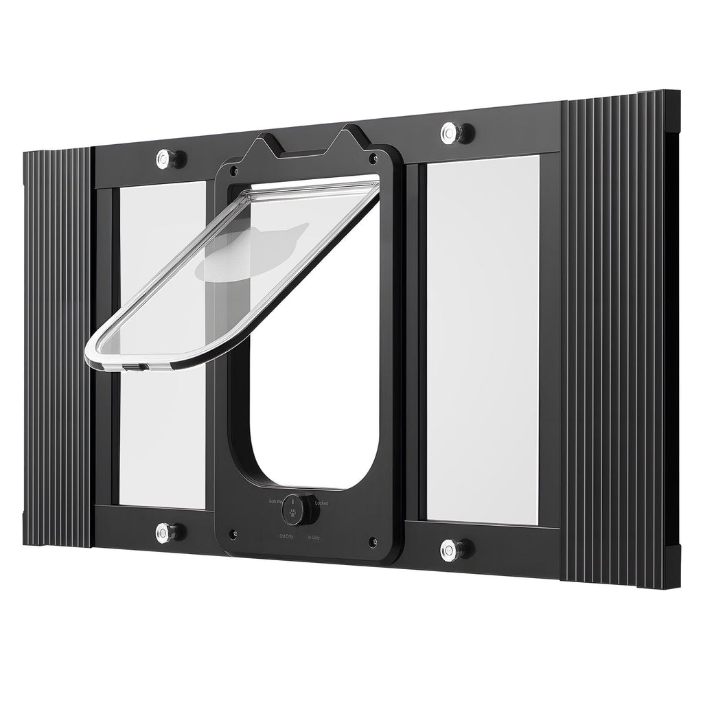 Cat Door for Window, Adjustable to Fit Window Width 27"-32", 4 Secure Lock Modes, Aluminum Frame and High-Transparency Glass, Magnetic Closure, Weatherproof Quick-Fit Pet Door for Cats, Black