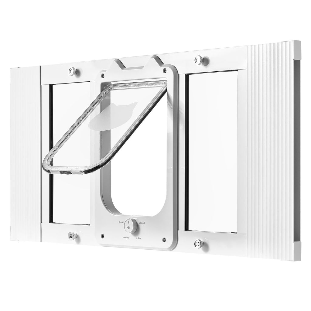 Cat Door for Window, Adjustable to Fit Window Width 27"-32", 4 Secure Lock Modes, Aluminum Frame and High-Transparency Glass, Magnetic Closure, Weatherproof Quick-Fit Pet Door for Cats, White