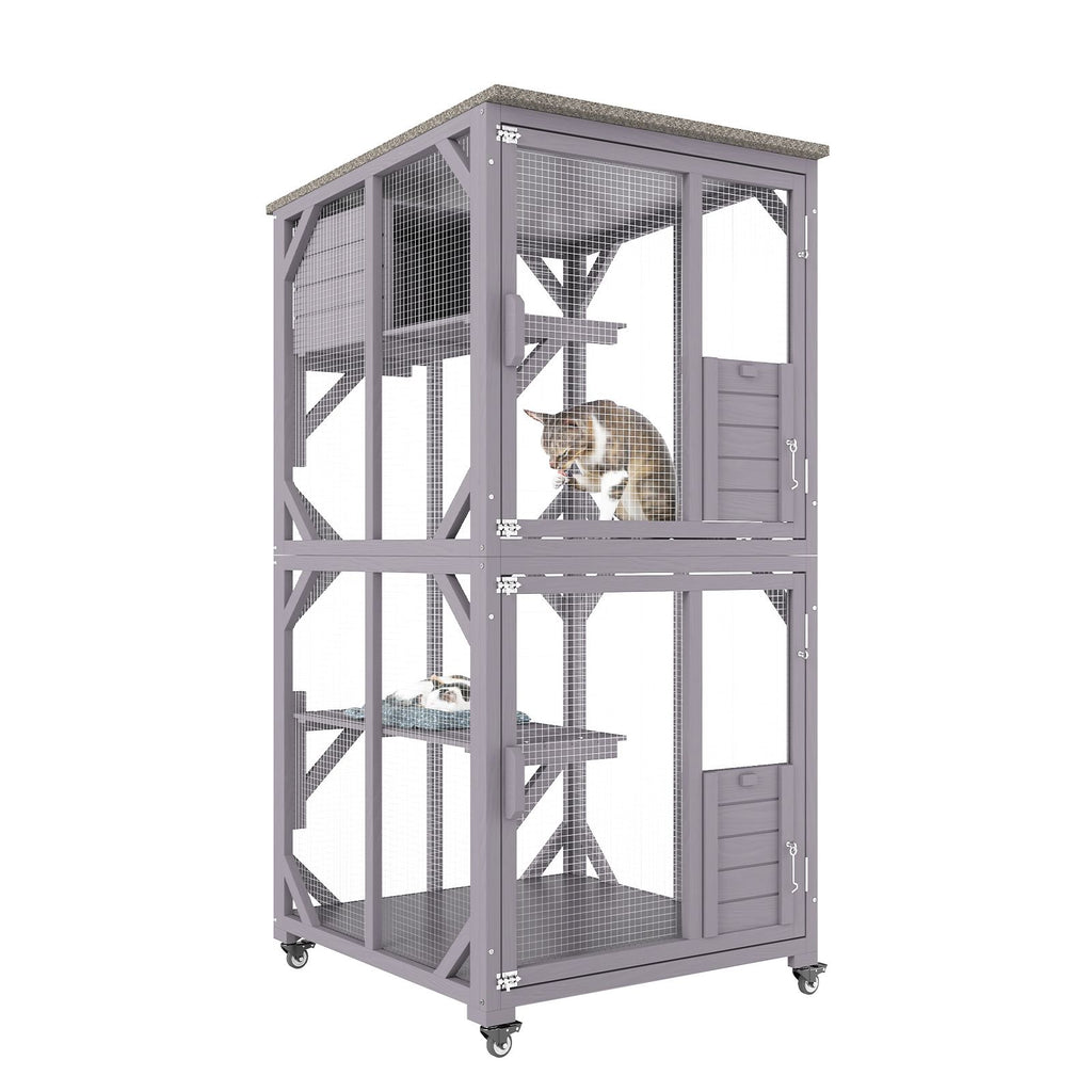 Cat House Outdoor, 3-Tier Large Catio, Cat Enclosure with 360° Rotating Casters, 2 Platforms, A Resting Box and Large Front Door, 29.9 x 34 x 64.1 inch